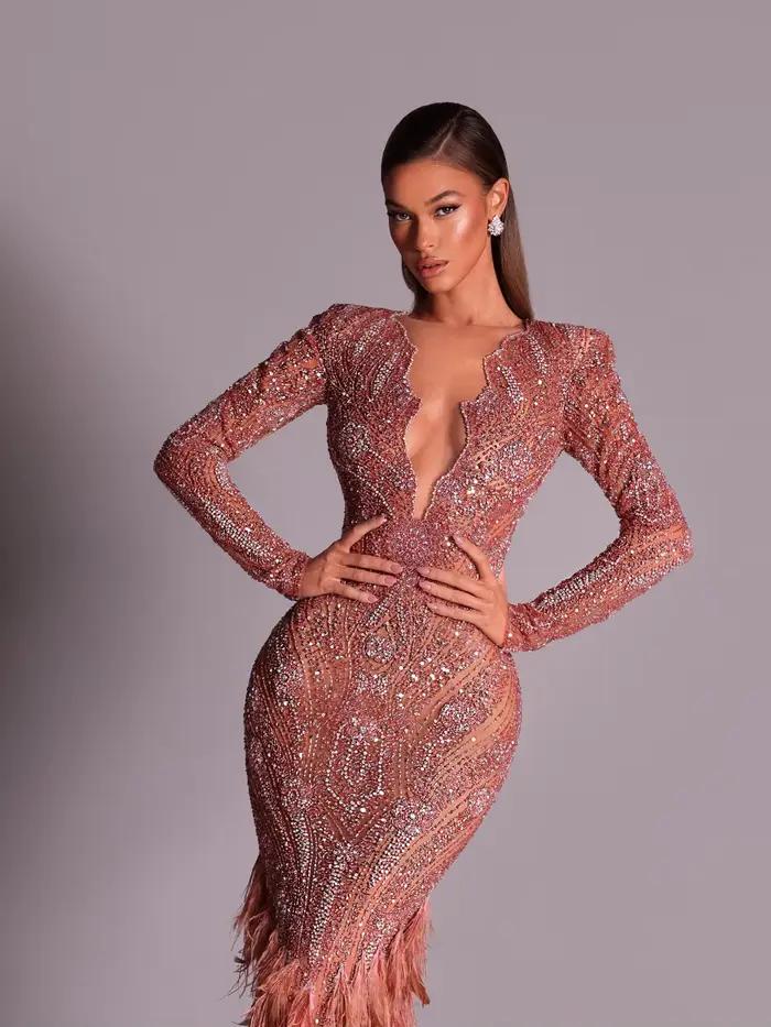 Robe de soirée distinctive ornée de strass avec ourlet en plumes, Glam, décolleté en V profond, Sexy