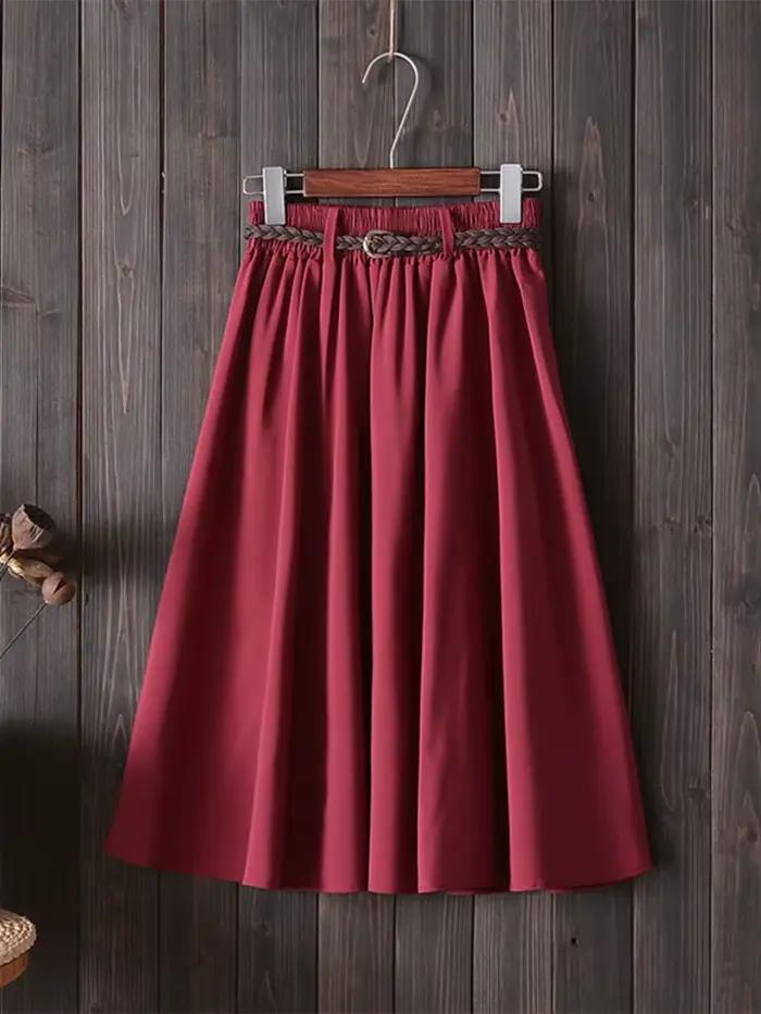 Midi genou longueur jupe d'été femmes avec ceinture mode coréenne dames taille haute plissée a-ligne