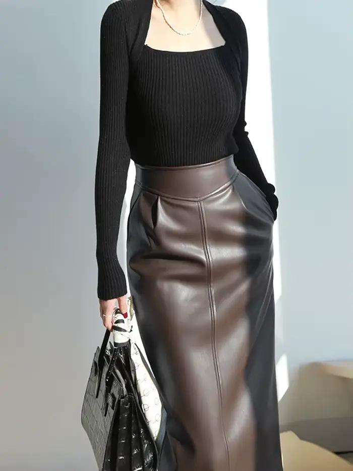 Nerazzurri-Jupe mi-longue en cuir PU pour femme, jupes crayon taille haute, fermeture éclair fendue 
