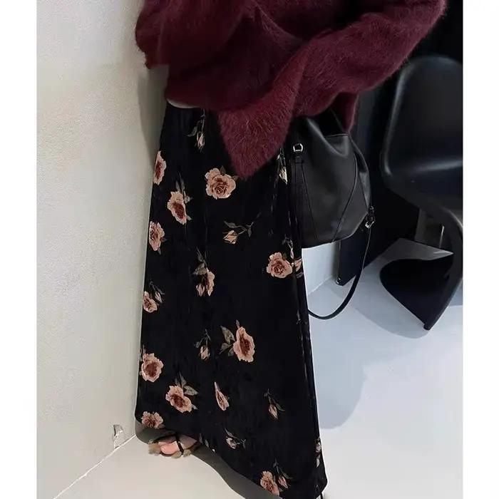 Jupe florale en velours rose nuit foncée rétro Plus velours a-ligne fleur élégante jupe mi-longue po