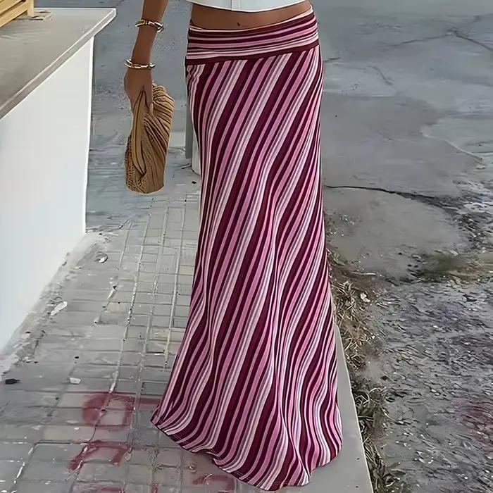 Jupe longue mi-mollet à rayures imprimées taille haute style bohème pour femme, idéale pour le print