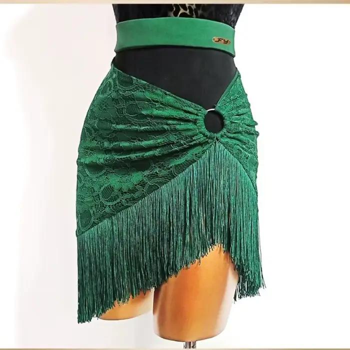 Jupe de danse latine pour femmes, à franges en dentelle, pour Tango, Rumba, Samba, Costume de specta