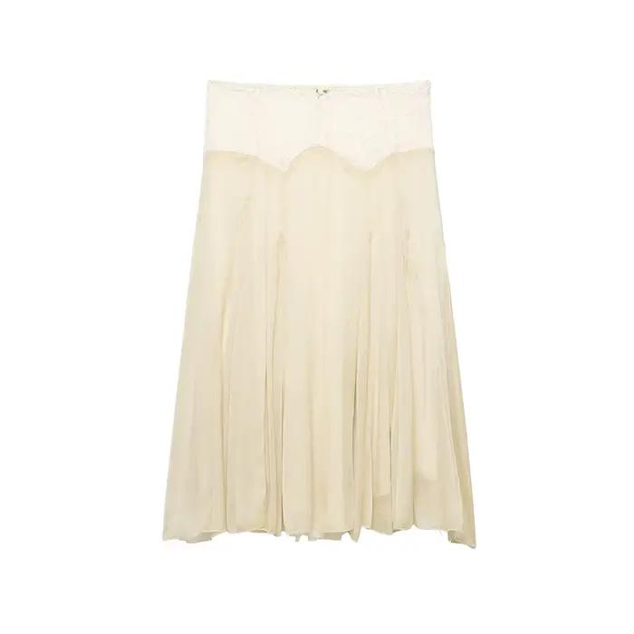 Jupe midi élégante en mousseline beige avec dentelle pour femme, taille haute, fluide, coupe trapèze