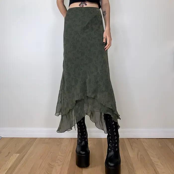 Fairycore-Jupe mi-longue en mousseline de soie à volants taille haute pour femme, jupes vertes grung