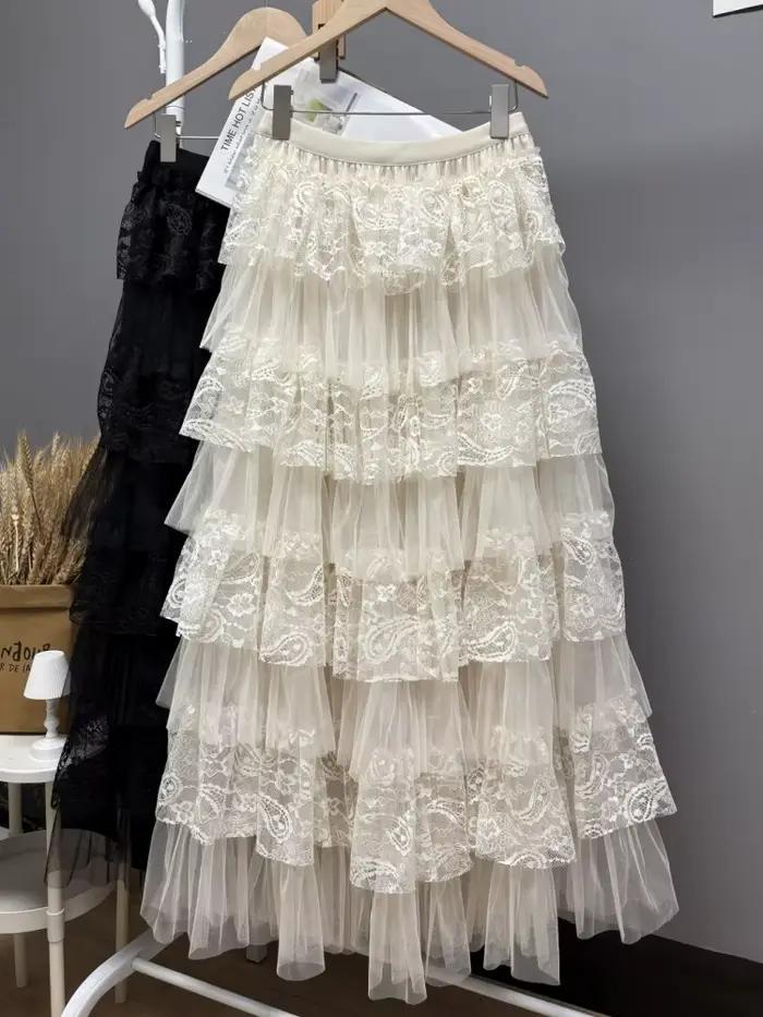 Maxi jupe longue femmes Crochet dentelle jupe 2025 Goth Lolita printemps été taille haute haut bas f