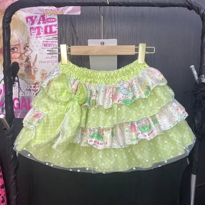 Mini jupe d'été Style Lolita japonais Kawaii pour femmes, douce et mignonne, imprimée, à volants, av