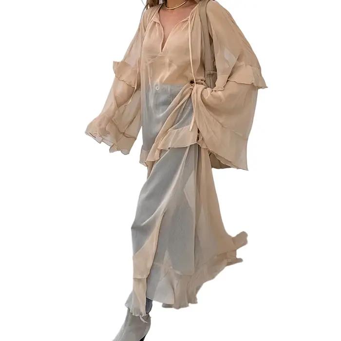 Robe longue printemps/été pour femmes, coupe ample, élégante, garniture à volants, couleur unie, col