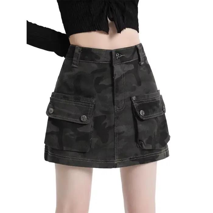 Jupe courte en jean camouflage vert militaire pour femme, taille haute, coupe trapèze, avec poches, 