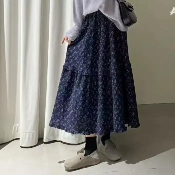 Jupe mi-longue polyvalente pour femmes, bleu marine, florale, élastique, taille haute, mode coréenne