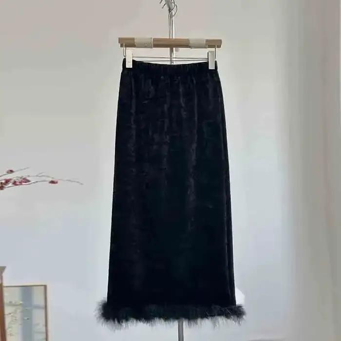 Jupe mi-longue de style chinois avec épissage de velours, jupe étreignant la hanche, velours ajouté 