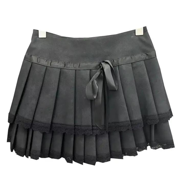 Mini-jupe plissée en similicuir à bordure dentelle pour femme, nouveau style 2026, jupe mi-longue ré