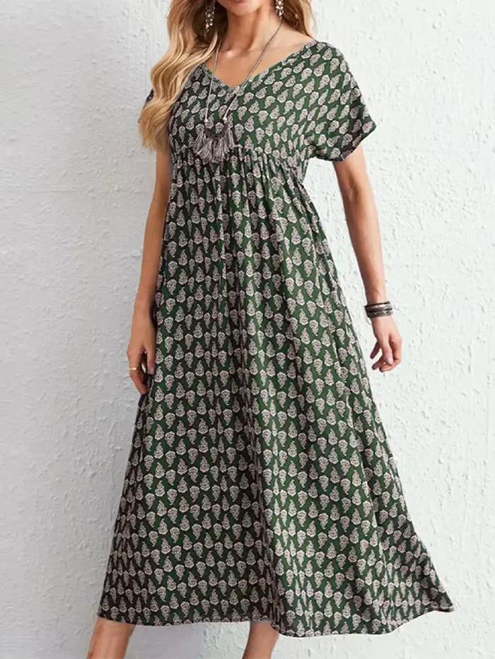 Robe grande taille pour femmes, robe bohème imprimée à manches courtes et col en v, robe longue ampl