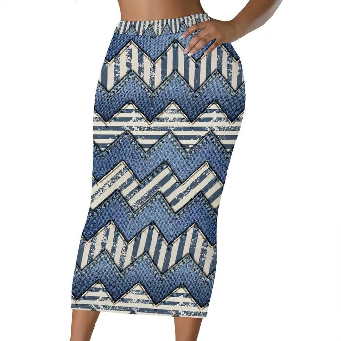 Chevron – jupe mi-longue rayée taille haute, en Faux Denim imprimé Zigzag, coupe cintrée, Style de r