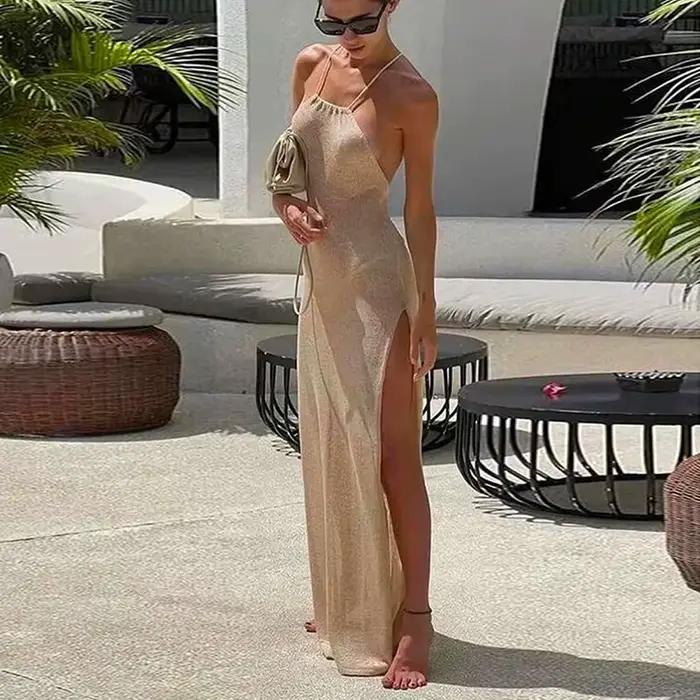Robe longue fendue sans manches pour femmes, Cover-Up Sexy, ajourée, épissée, fendue, écharpe, dos n