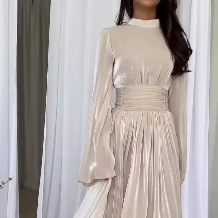 Robe longue plissée taille haute tendance pour femme, robe de soirée unie à lacets, style français, 