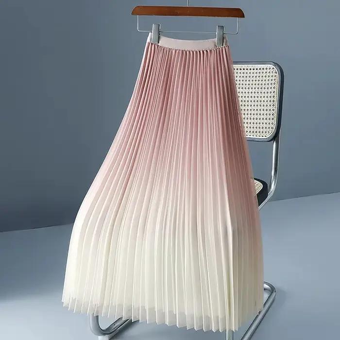 Jupe longue plissée dégradée en maille pour femme, taille haute élastique, coupe trapèze, élégante e