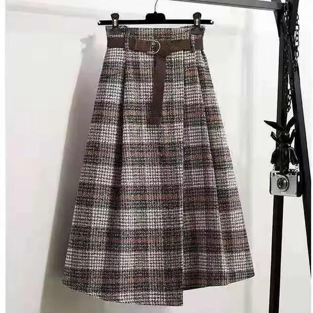 Jupe femme grande taille Tweed Plaid automne hiver a-ligne mi-longue plissée irrégulière Vintage vêt