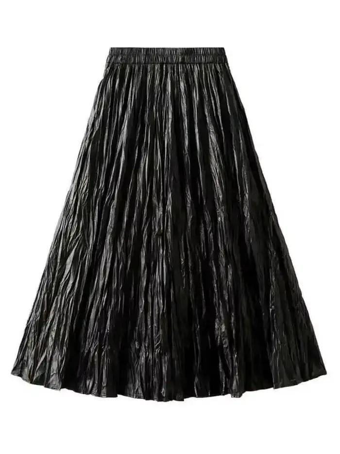 LANMREM-Jupe longue plissée en cuir PU pour femme, jupe trapèze, taille haute, décontractée, polyval