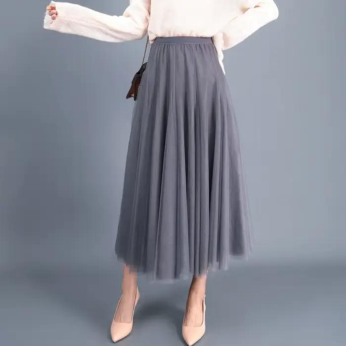 TingYiLi automne jupe en Tulle gris marron Beige rose noir jupes longues femmes élégante jupe Maxi