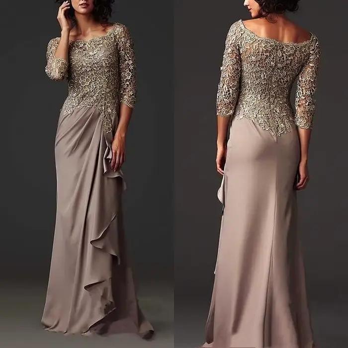 Robes de soirée pour mère de la mariée, marron, col rond, manches 2022, mousseline plissée, dentelle