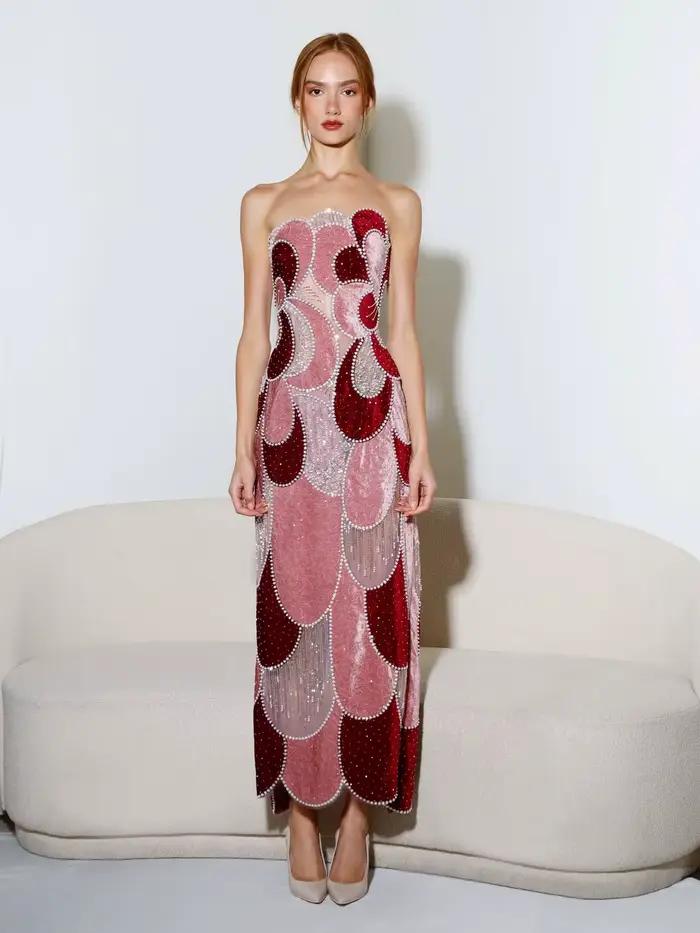 Robes pour femme, robe de cocktail rose bordeaux sans bretelles, robe midi en velours à fleurs abstr