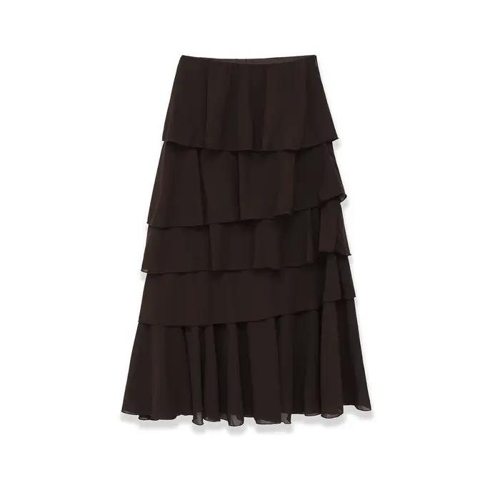 Jupe longue vintage marron à volants, élégante, pour soirée, trajet quotidien, style urbain moderne,