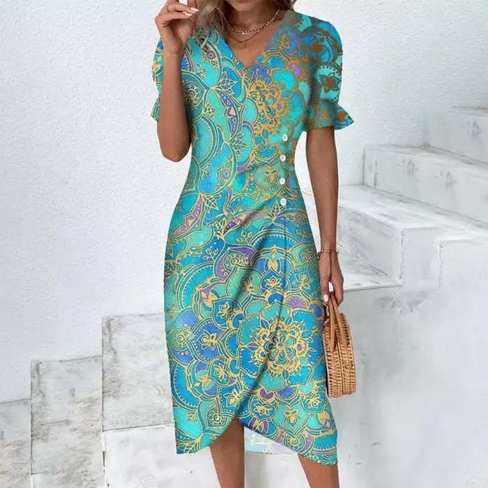 Jupe mi-longue à imprimé floral pour femme, manches bouffantes fendues, manches courtes, col en V po