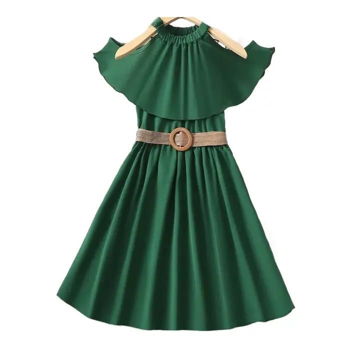 Robe de princesse pour filles de 8 à 12 ans, épaules dénudées, verte, avec ceinture, pour enfants fi