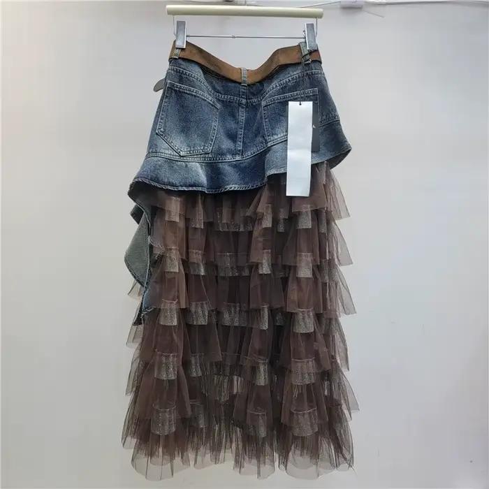Jupes à volants pour femmes, en jean et maille patchwork, longues, taille haute irrégulière, style v