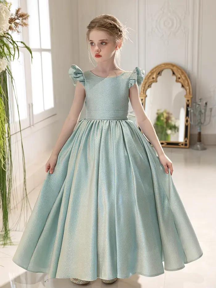 Jupe longue à gros nœud au dos pour filles, robe rose haut de gamme pour enfants, robe de fête d'ann