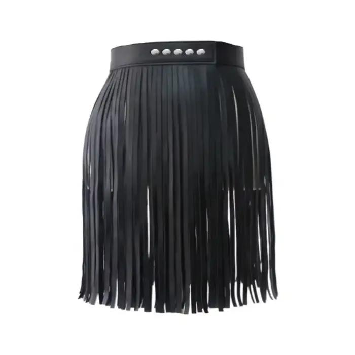 Jupe longue à franges et pompons en similicuir, taille haute, ajustable, style punk rock bohème, ave