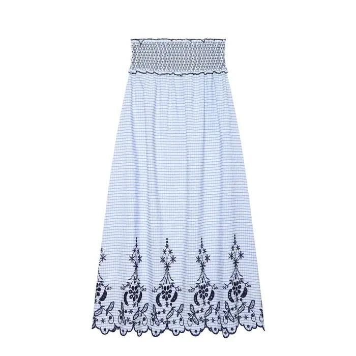 Jupe longue légère HH pour femme, style vintage, motif carreaux bleus, taille smockée, broderie ajou
