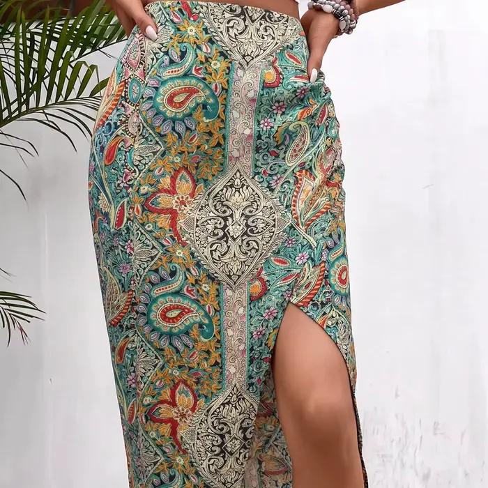 Jupe midi bohème à imprimé cachemire pour femme, jupe moulante à taille haute avec fente latérale