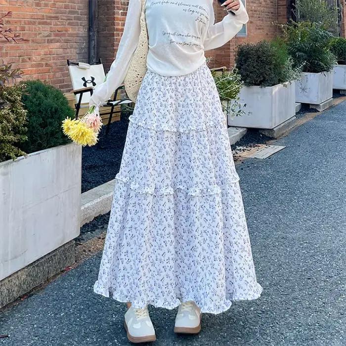 Jupes Maxi Vintage à fleurs pour femmes, taille haute, Patchwork, volants, ligne a, Streetwear corée