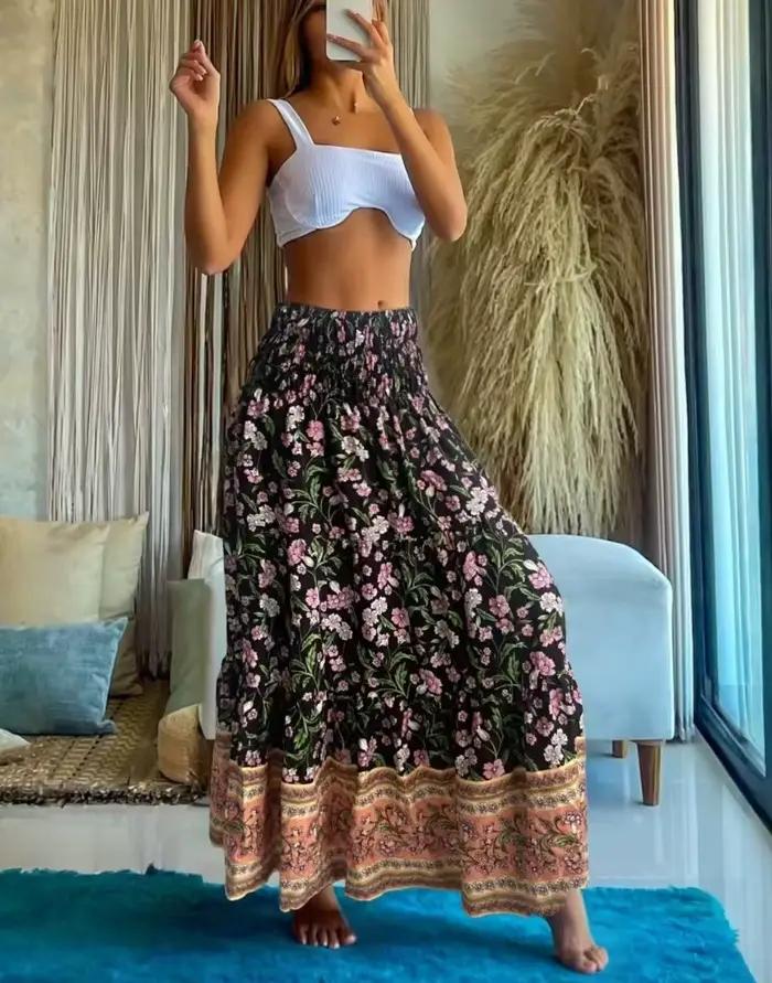 Mode Boho imprimé jupe longue décontracté rétro vacances Style taille élastique a-ligne grand ourlet