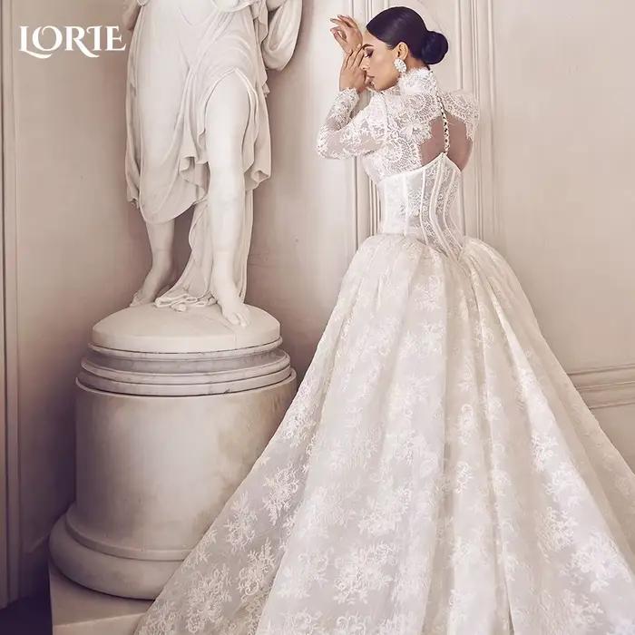 LORIE-Robe de Mariée Arabe en Dentelle, Manches sulf, Col Haut, Bouffante, Appliques, Corset, Bouton