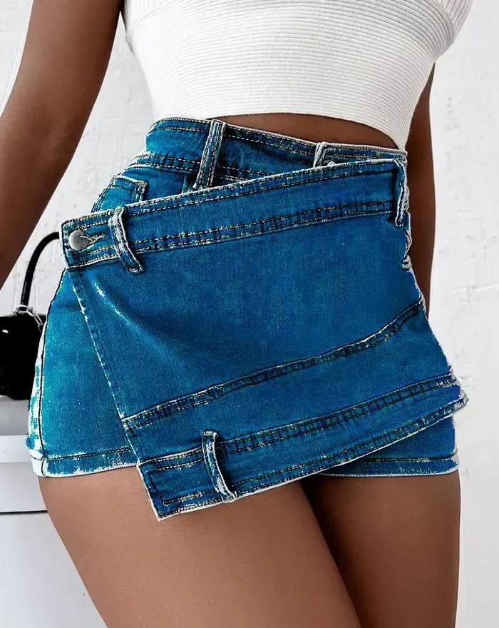 Jupe-short en jean délavé vintage pour femme, taille haute, design asymétrique, mini-jupe avec short