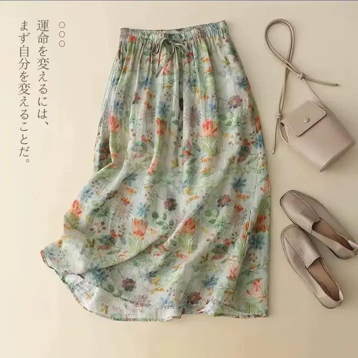 Jupe longue vintage imprimée en coton et lin, motif floral, taille élastiquée avec lien, jupe fluide