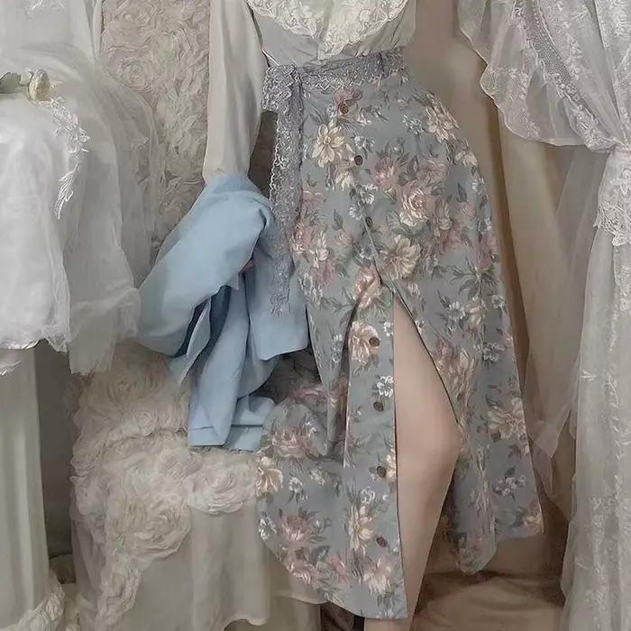Jupe Femme Vintage Florale Y2K Taille Haute Élégante Boutonnée Décontractée Fendue Sexy Streetwear É