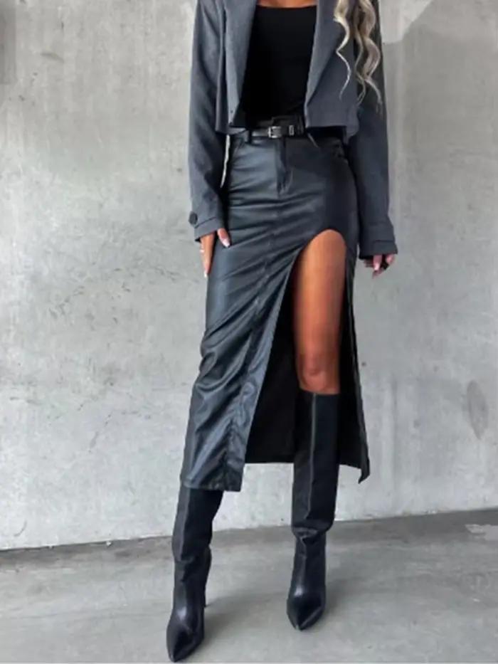 Jupe mi-longue en cuir Pu pour femmes, couleur unie, fente sexy, jupe moulante aux hanches, mode fêt
