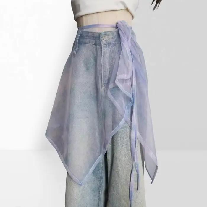 Jupe longue en dentelle taille haute transparente Y2K Streetwear avec cordon de serrage, fente latér