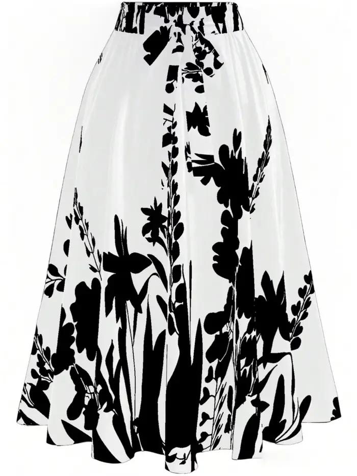 Jupe midi à imprimé floral taille haute pour femme - Jupe évasée noire et blanche avec ceinture élas