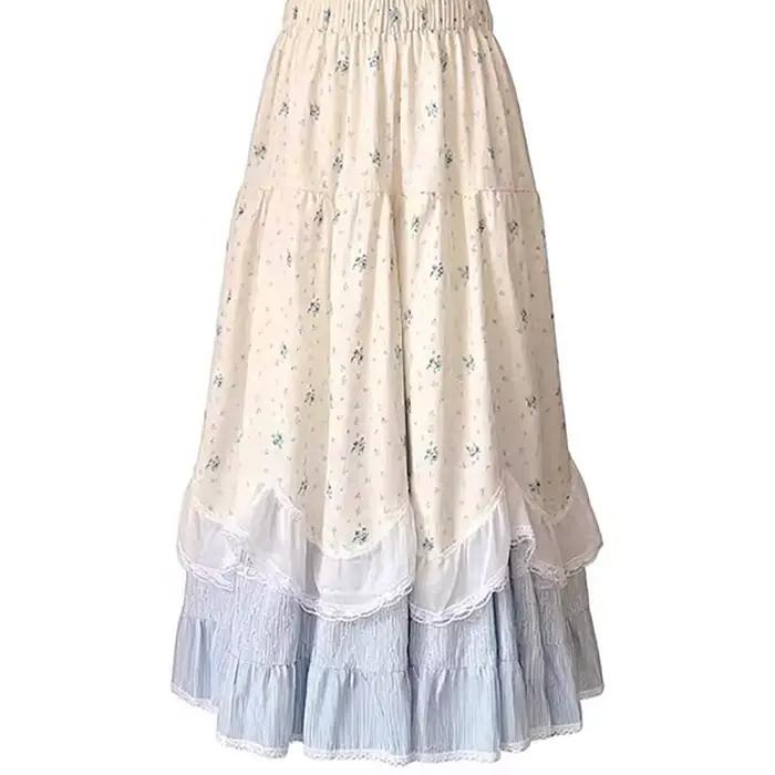 Jupe longue à volants florale Kawaii |   Dentelle à volants et bordure festonnée |   Jupe trapèze ta