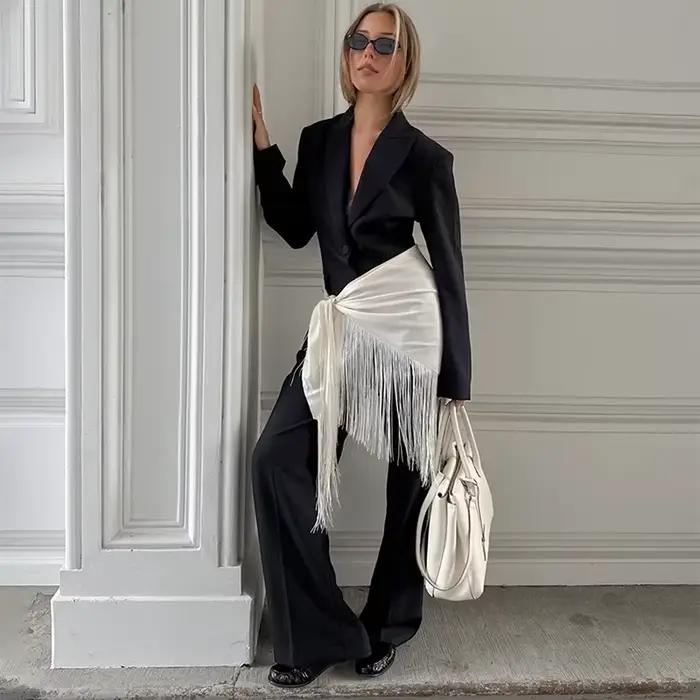 Jupe courte beige à franges, style bohème, taille nouée, élégante, pour femme, tendance, polyvalente