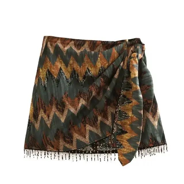 Mini jupe à imprimé géométrique vintage, Sarong noué, Frange perlée, Robe ronde, Éducative, Décontra
