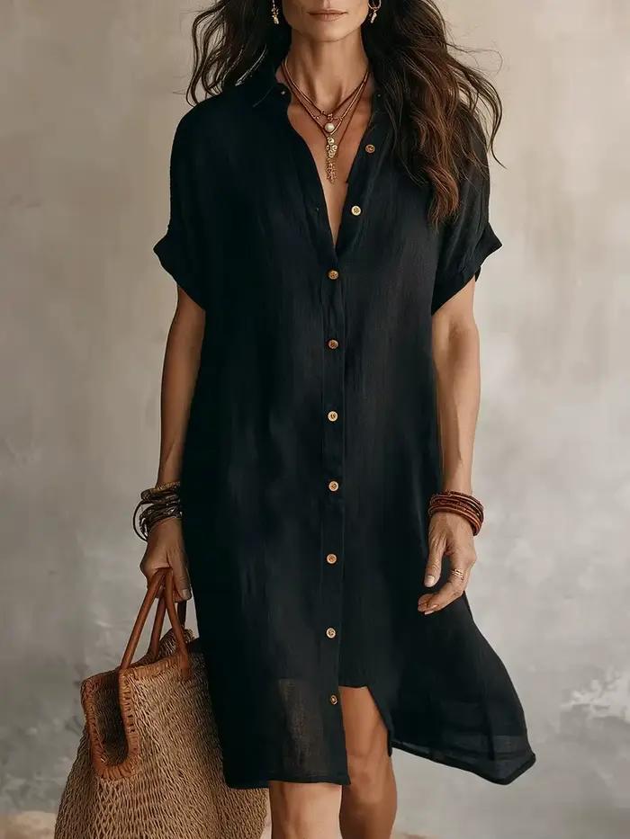 Robe chemise en lin pour femme, décontractée, à manches courtes, boutonnée, mi-longue, couleur unie,