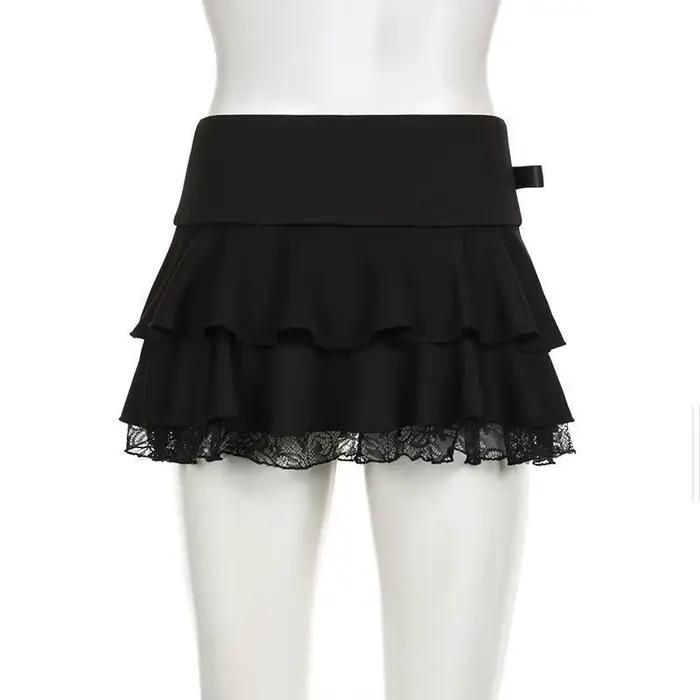 Jupe mini trapèze Y2K noire en dentelle pour femme, avec nœud décoratif, style streetwear, décontrac