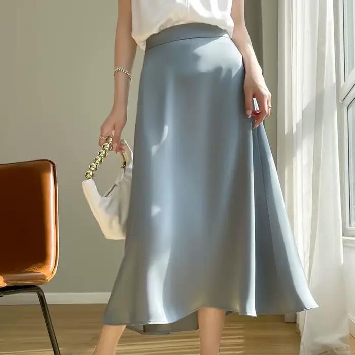 Jupe mi-longue trapèze en satin acétique pour femme, taille haute et coupe slim, idéale printemps-ét