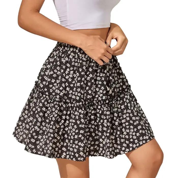 Jupe bohème pour femme à imprimé floral d'été, tendance, à volants, taille haute, mini-jupe fluide, 