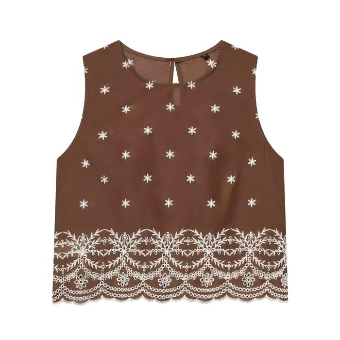 Ensemble jupe de vacances pour femme HH – Haut court sans manches à col rond et broderie ajourée + J